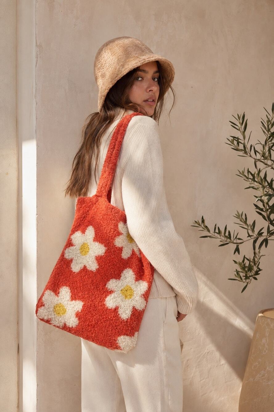 Free People Flower Power Orange Daisy Fuzzy Tote Bag Y2K Boho 70s Wool Blend O/S